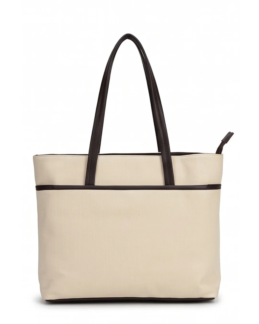Beige tote bag with black handles on a white background