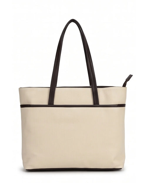 Beige tote bag with black handles on a white background