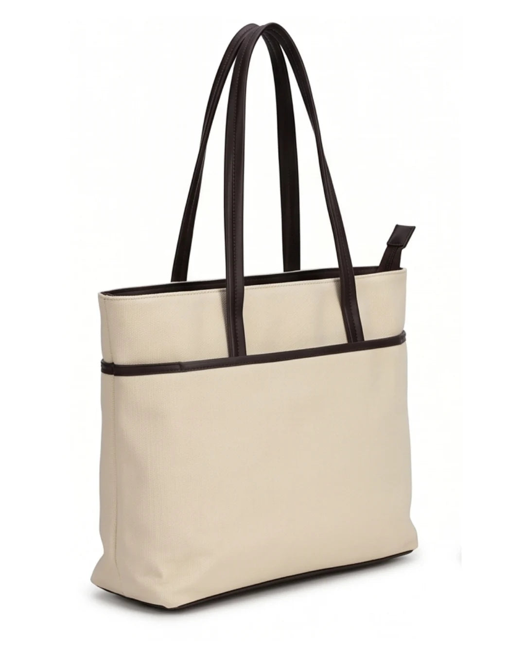 Beige tote bag with black handles and trim on a white background