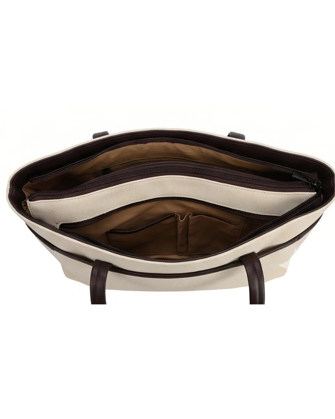 Open handbag showing interior with a white flap and brown lining on a white background