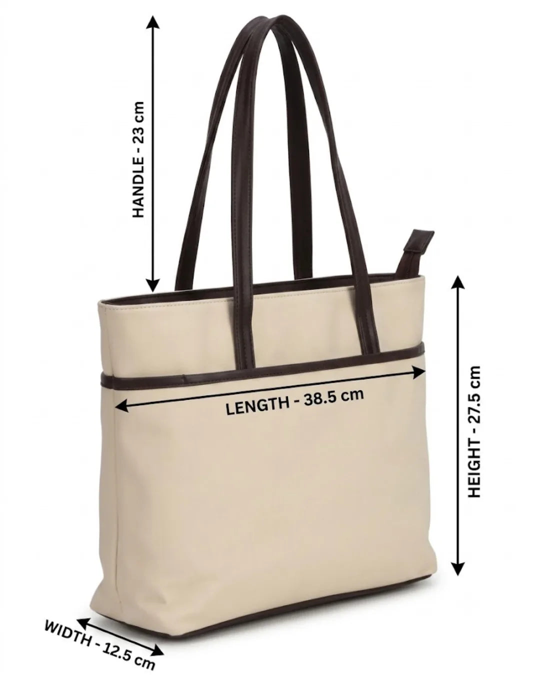 Beige tote bag with black handles and measurements on a white background