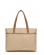 Beige tote bag with brown handle on a white background
