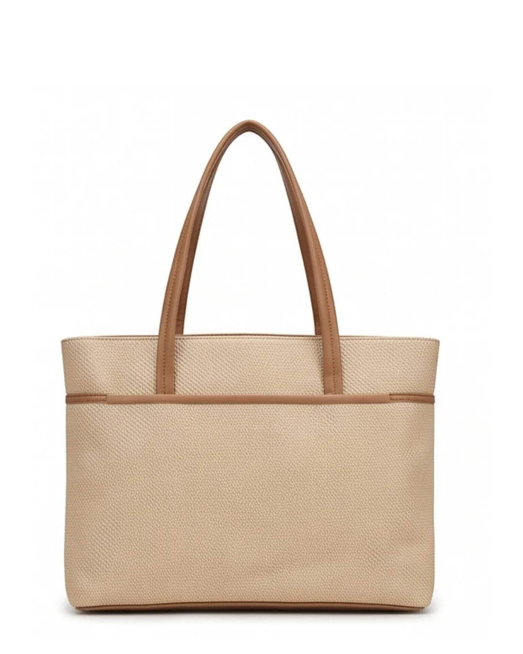 Beige tote bag with brown handle on a white background