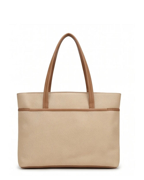 Beige tote bag with brown handle on a white background