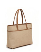 Beige tote bag with brown handles on a white background