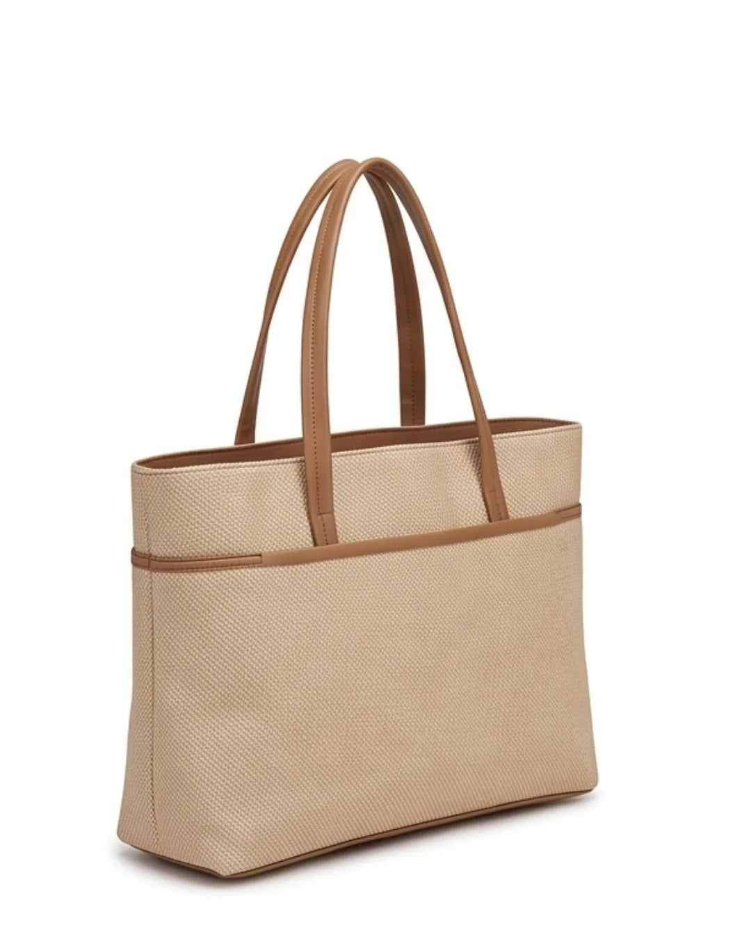 Beige tote bag with brown handles on a white background