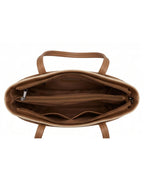 Brown leather handbag with open front showing interior on a white background