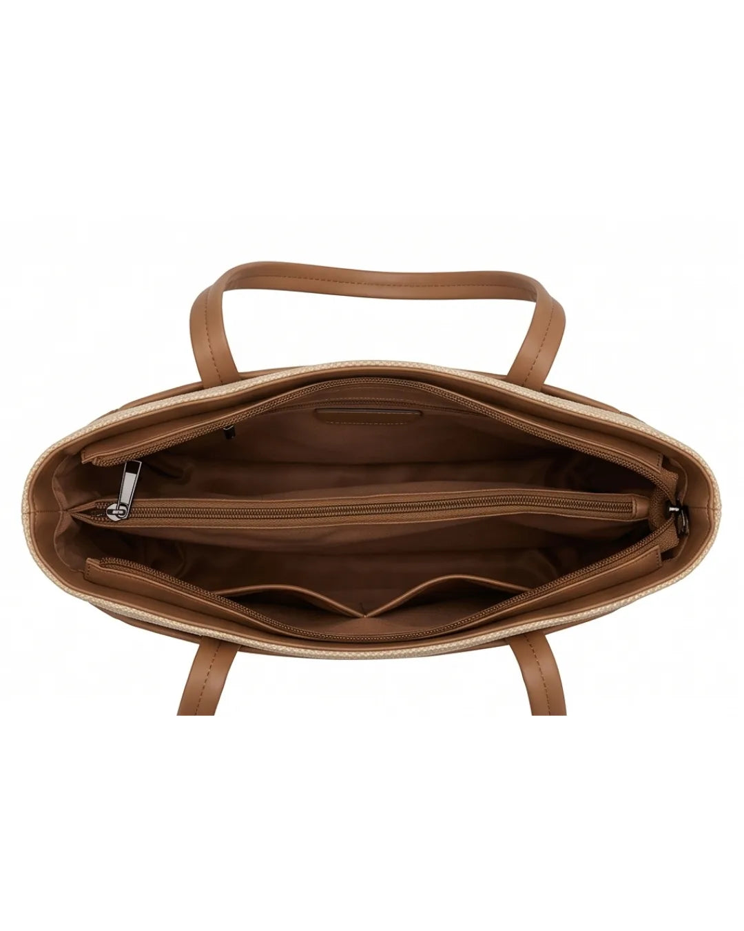 Brown leather handbag with open front showing interior on a white background