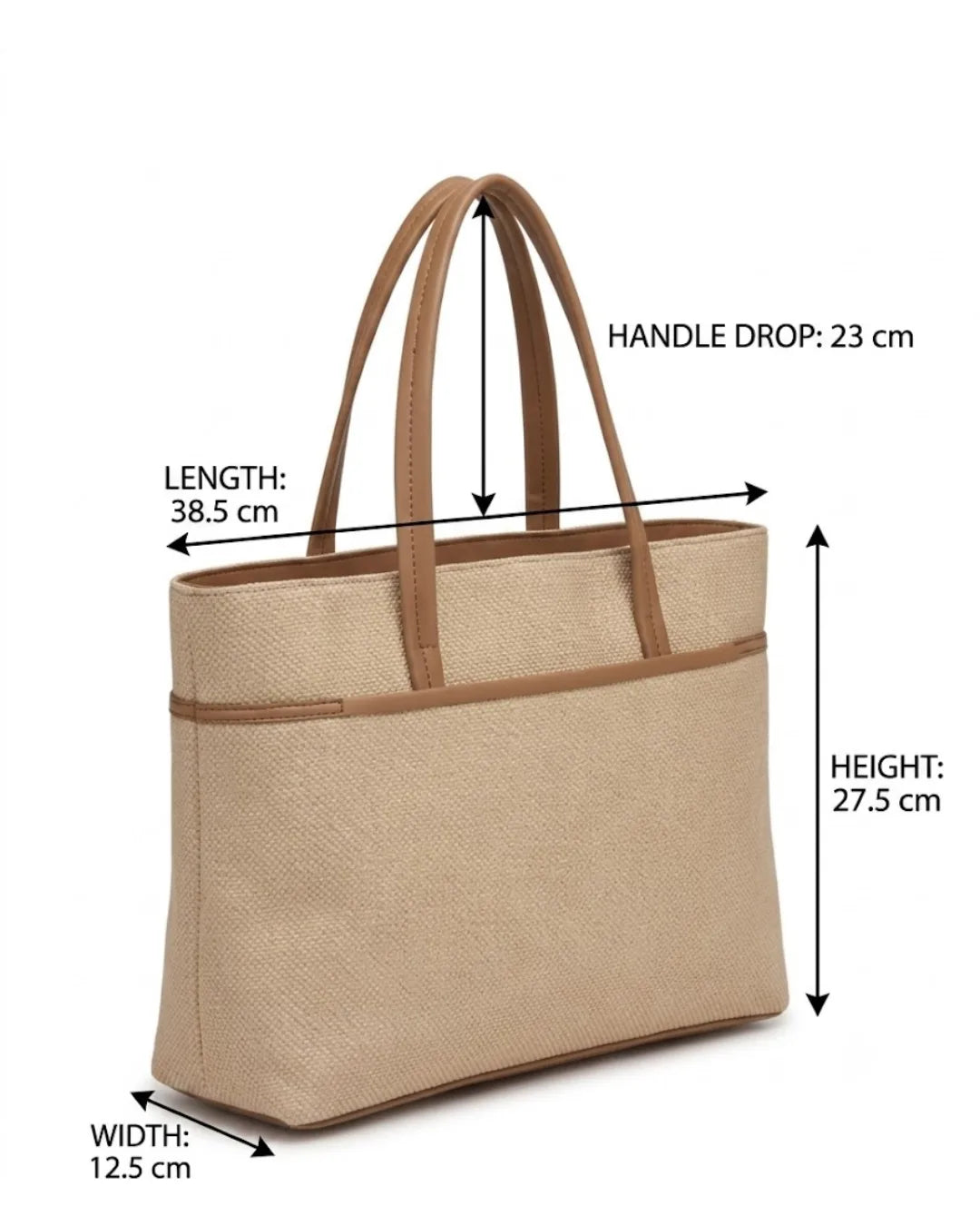 Beige tote bag with brown handles and dimensions labeled on a white background