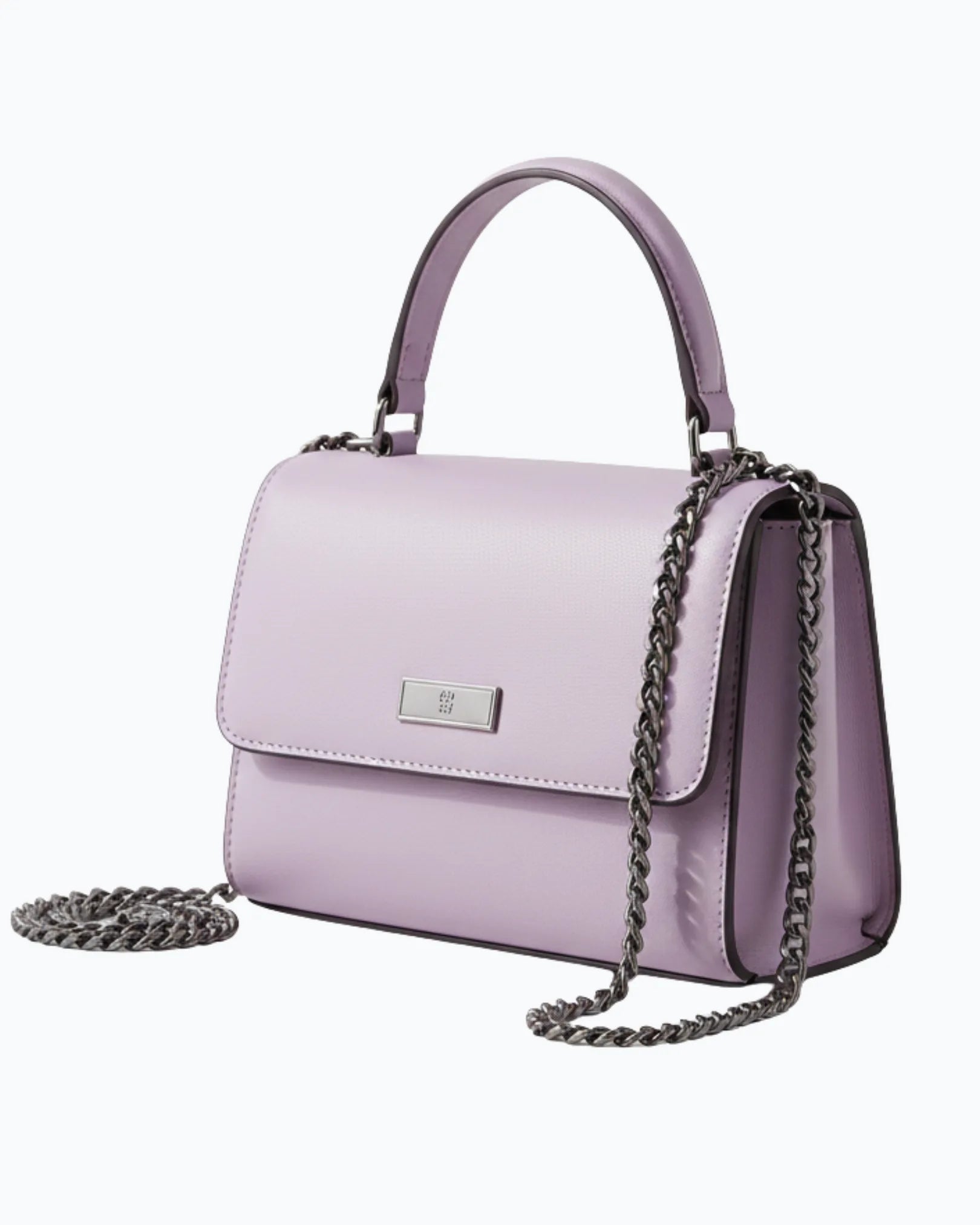Purple handbag with a chain detail on a white background