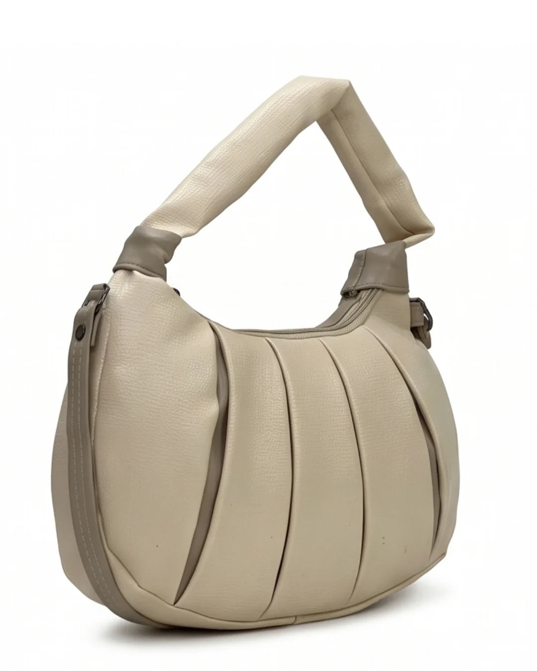 Beige handbag with a textured surface on a white background