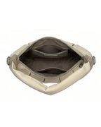 Beige bag with open compartment on a white background
