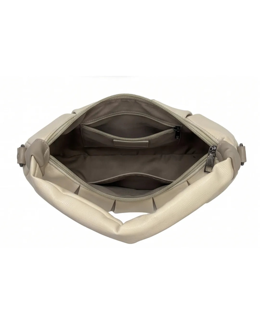Beige bag with open compartment on a white background