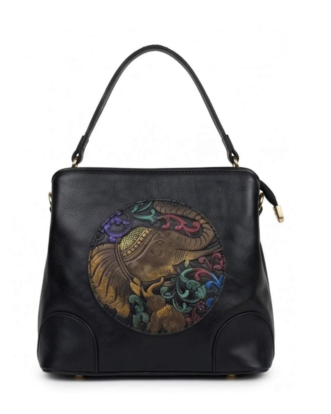 Embossed Ethnic Motif Satchel - Black