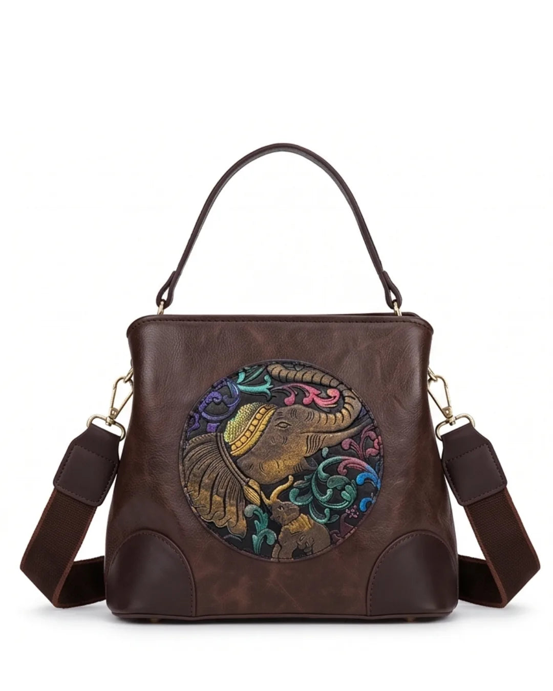 Embossed Ethnic Motif Satchel - Coffee Brown 1
