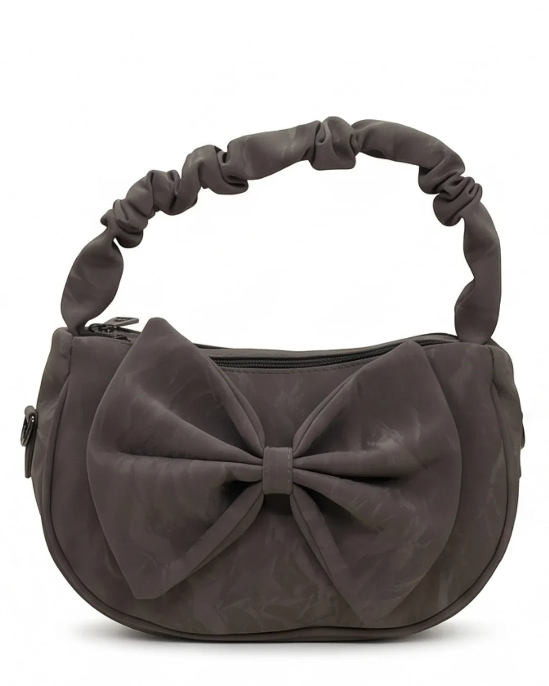 Gray handbag with a large bow on a white background