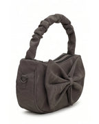 Gray handbag with a large bow on a white background