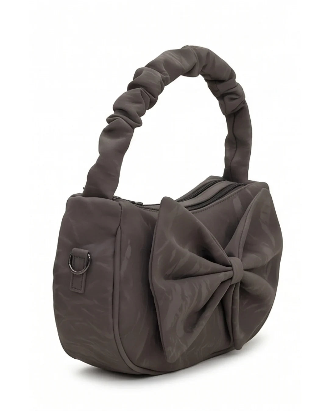 Gray handbag with a large bow on a white background