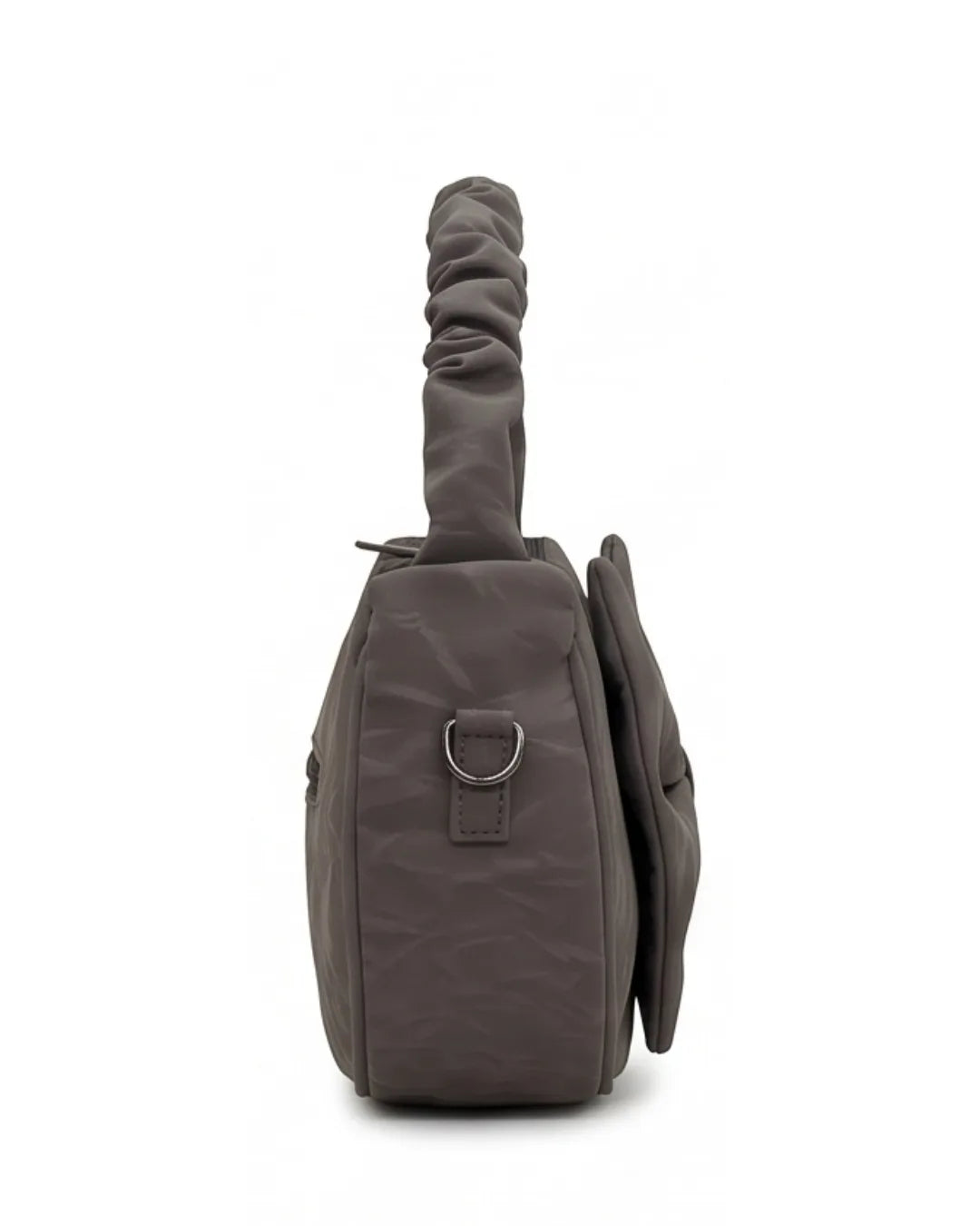 Gray sling bag with a strap on a white background