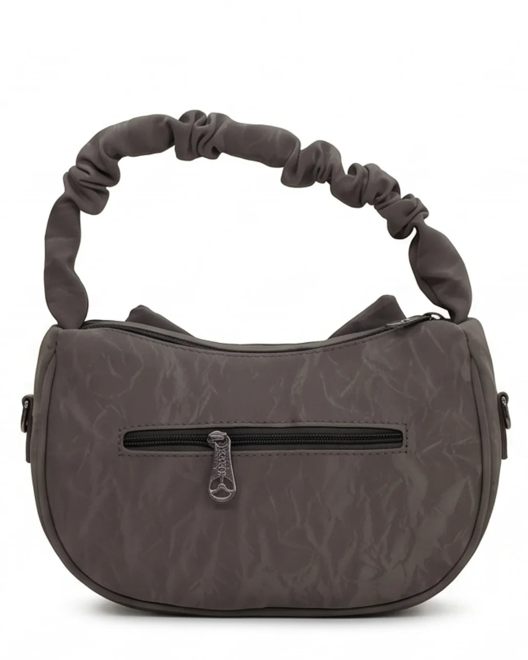 Gray handbag with a knotted handle on a white background