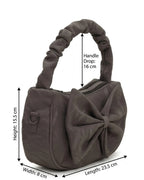 Gray handbag with measurements indicated on a white background