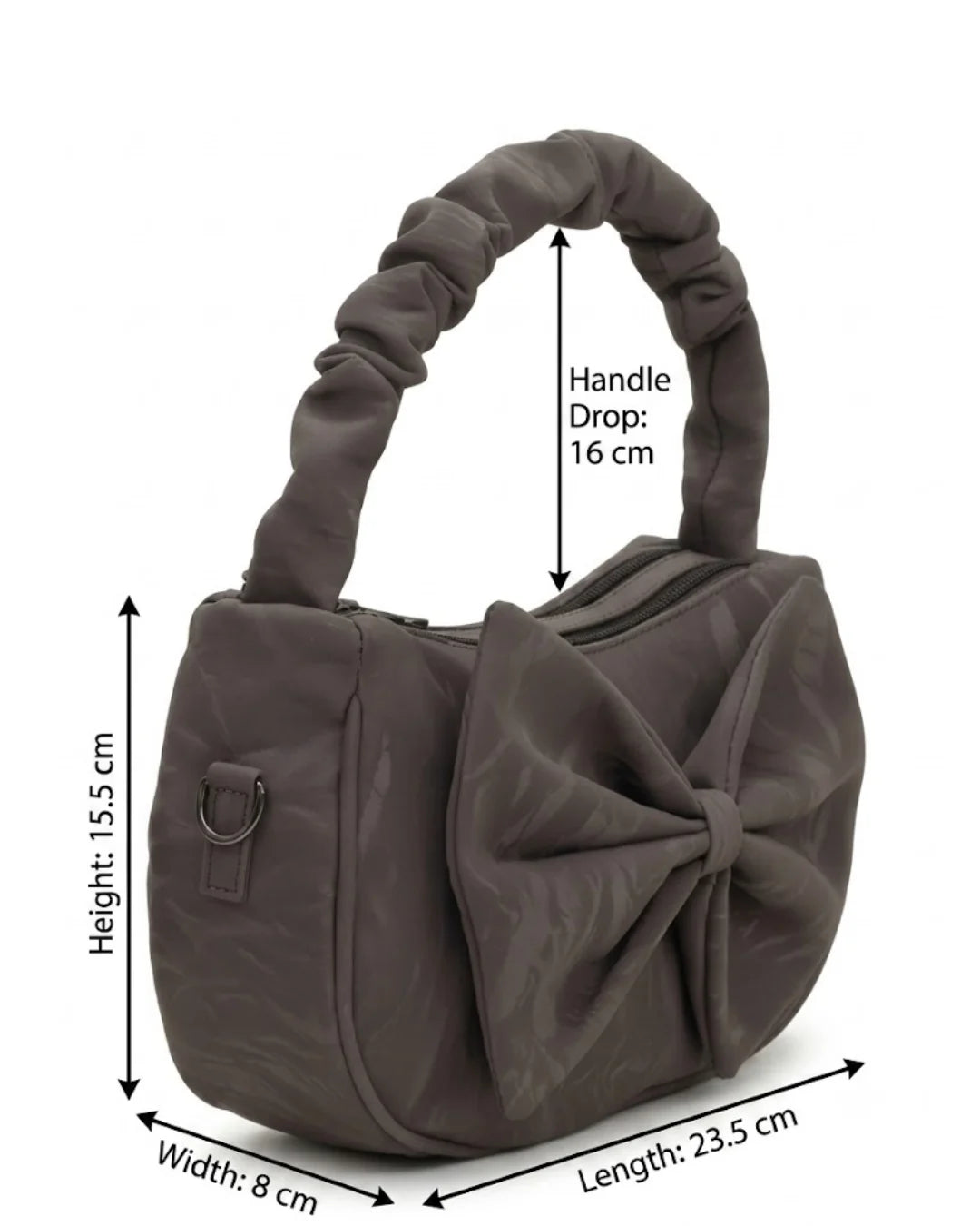 Gray handbag with measurements indicated on a white background