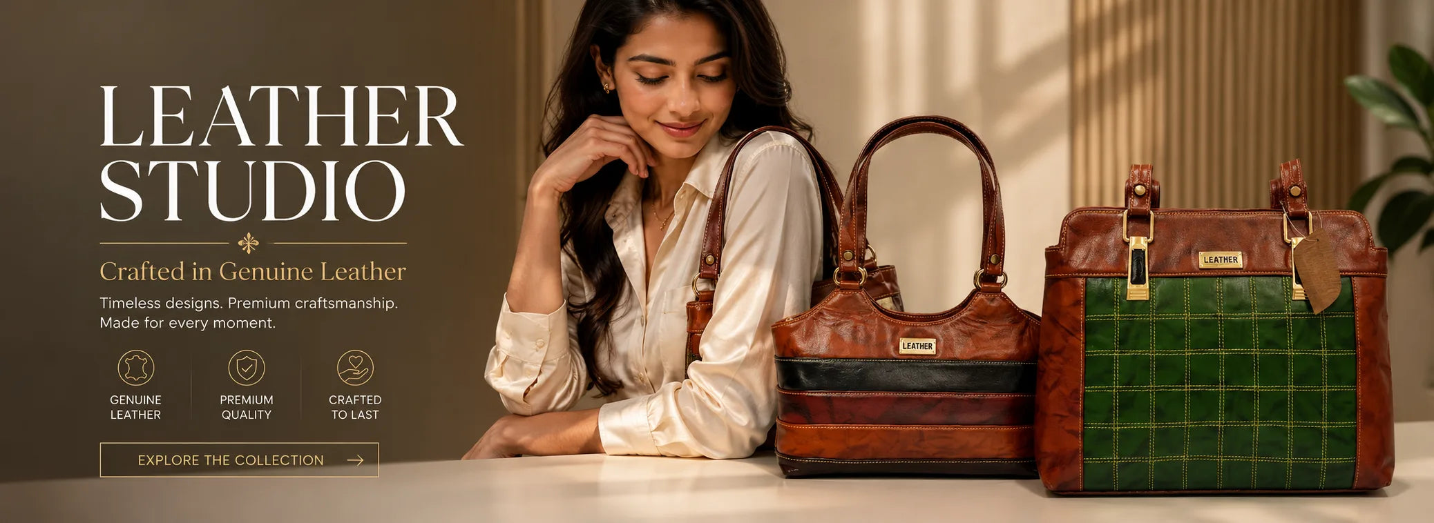 Woman sitting with leather handbags on a table, promotional banner for 'Leather Studio'.