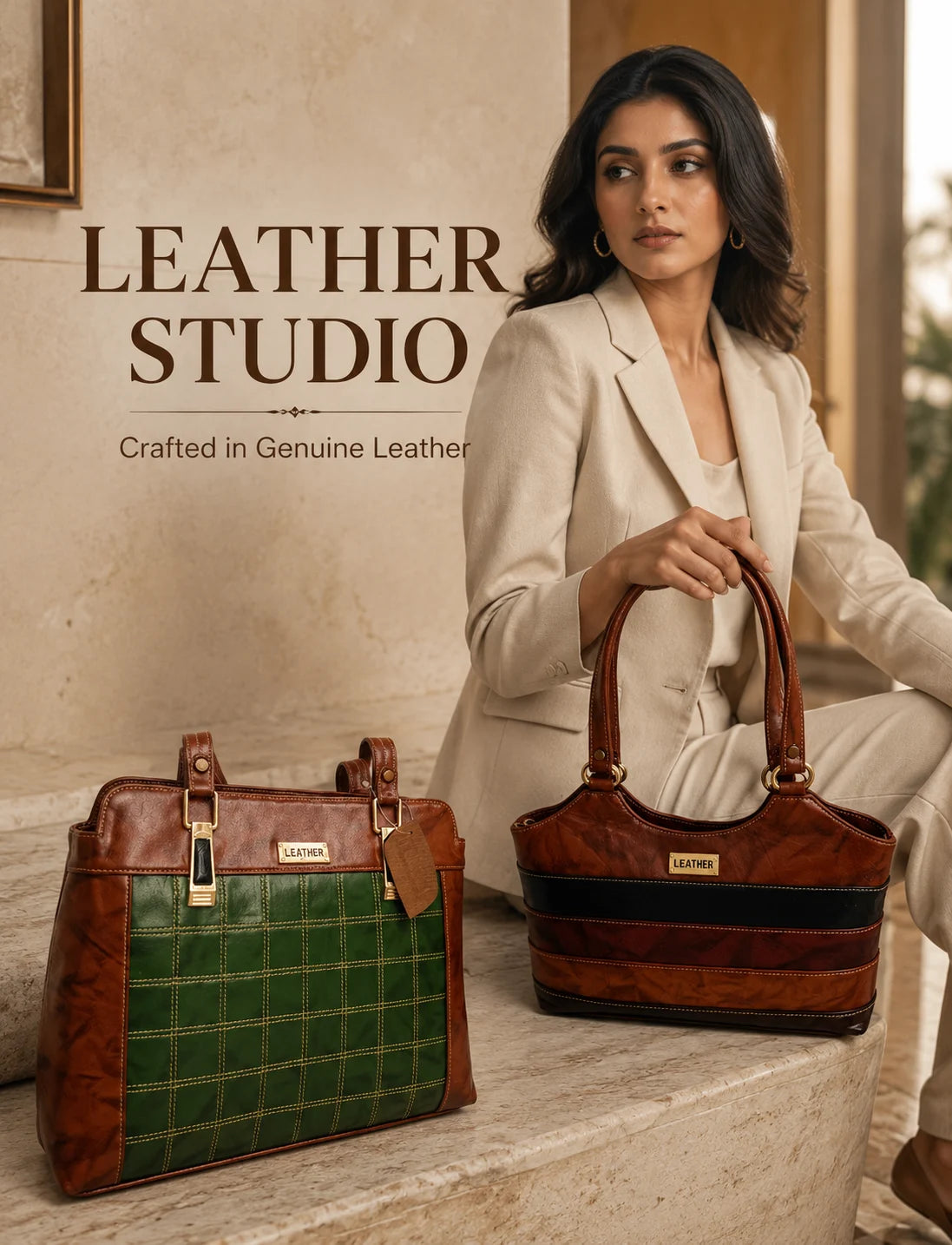 Woman holding a leather handbag with 'Leather Studio' branding, featuring two different designs.