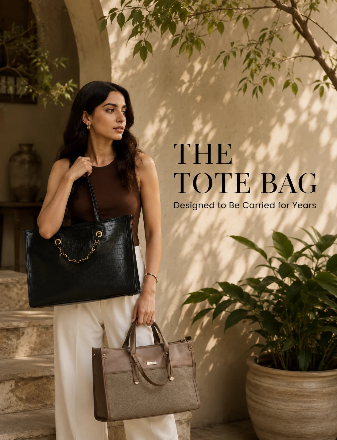 Woman holding two tote bags outdoors with text 'The Tote Bag' and 'Designed to be Carried for Years'.