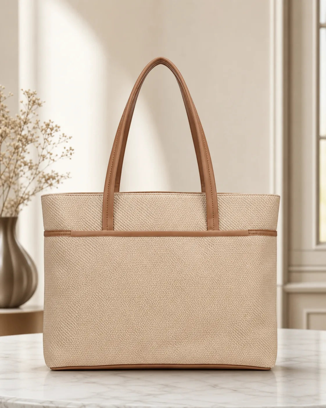 A structured beige tote bag with a textured woven body and smooth tan handles, displayed on a marble surface in a softly lit interior setting.