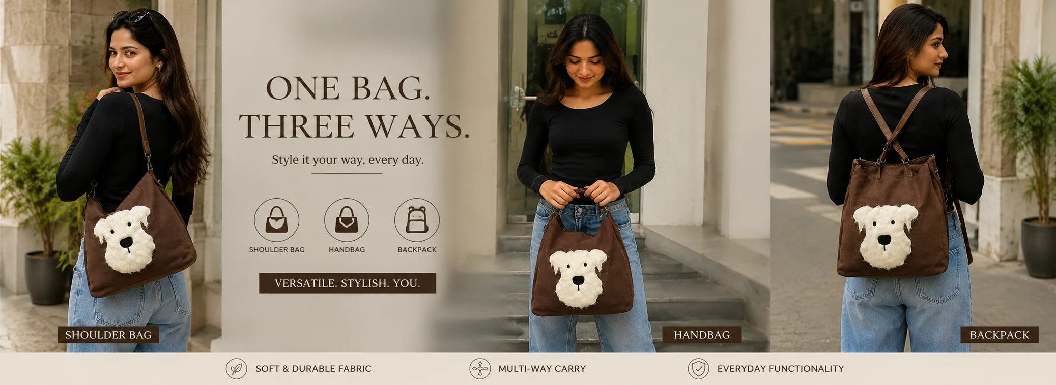 Woman holding a brown bag with a bear design, shown from different angles, with text about bag functionality.