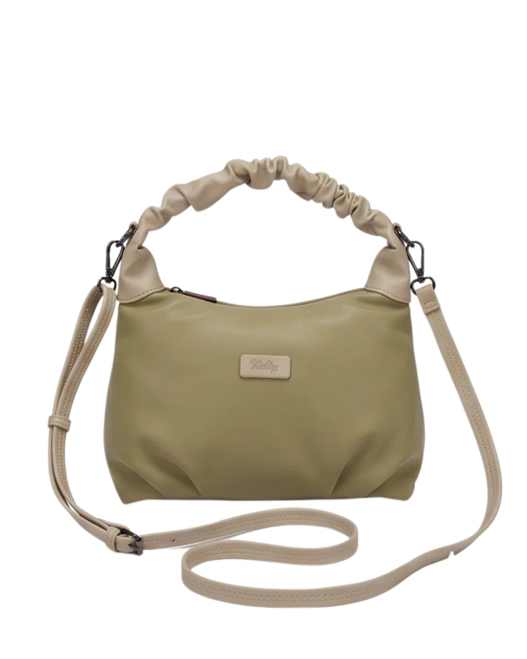Beige handbag with a strap on a white background