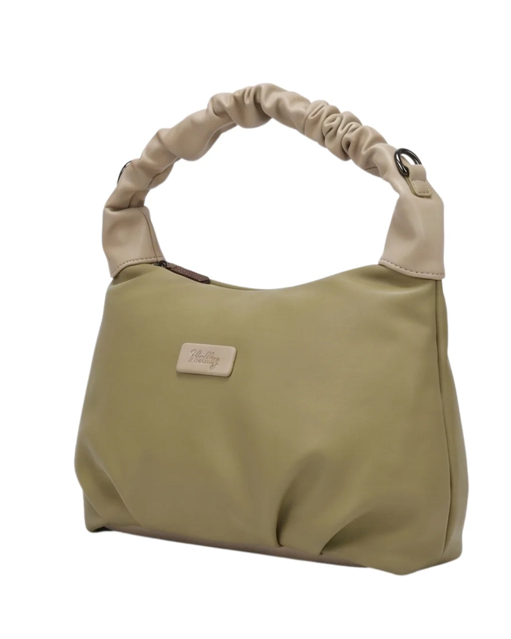 Beige handbag with matching handle on a white background