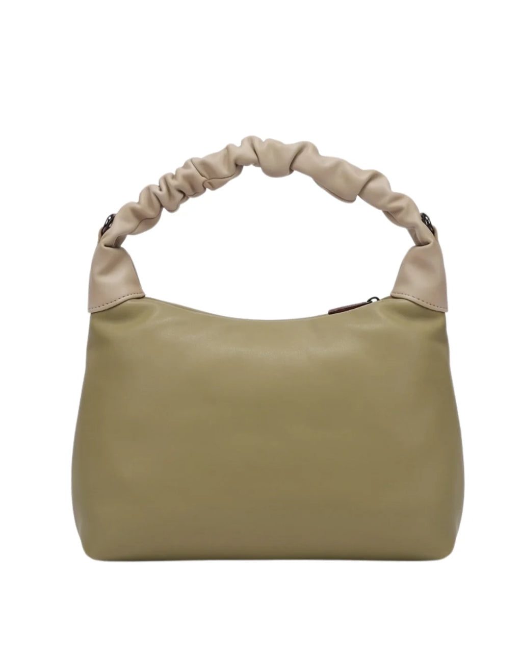 Beige handbag with a textured handle on a white background