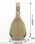 Beige sling bag with dimensions labeled on a white background