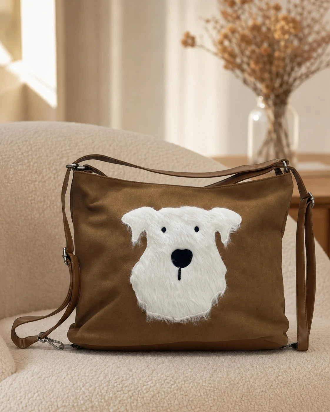 Dog Applique Hobo Bag - Quirky Fashion - Khaki