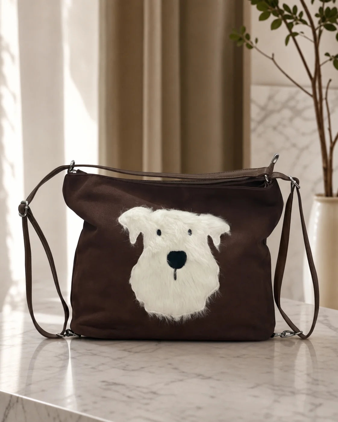 Dog Applique Hobo Bag - Quirky Fashion - Brown