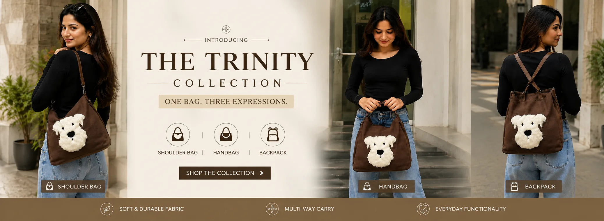Promotional banner for 'The Trinity Collection' with a woman holding a bear-shaped bag.