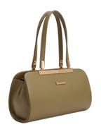 Green handbag with gold accents on a white background