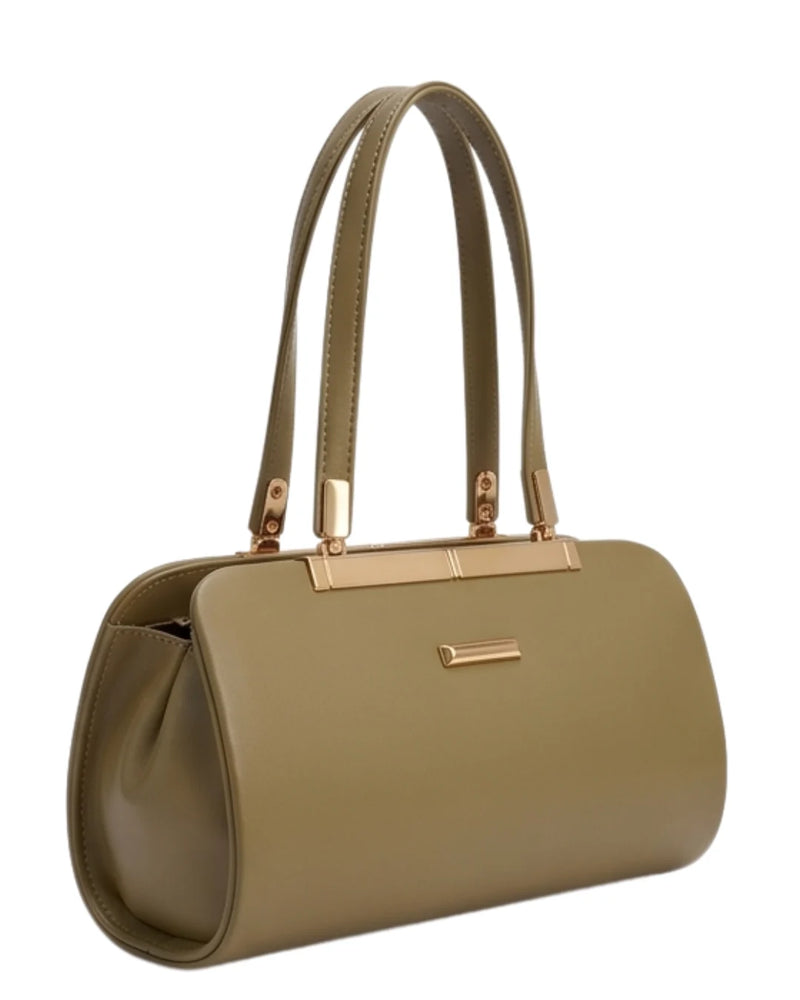 Green handbag with gold accents on a white background