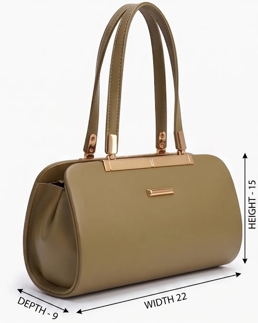 Green handbag with gold accents and dimensions on a white background