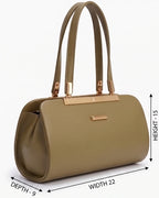 Green handbag with gold accents and dimensions on a white background