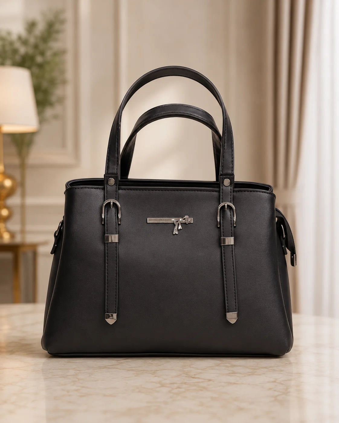 A structured black leather handbag with double top handles, silver-tone hardware, and a decorative front clasp, displayed on a marble surface in an elegant indoor setting.