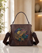 Embossed Ethnic Motif Satchel - Coffee Brown