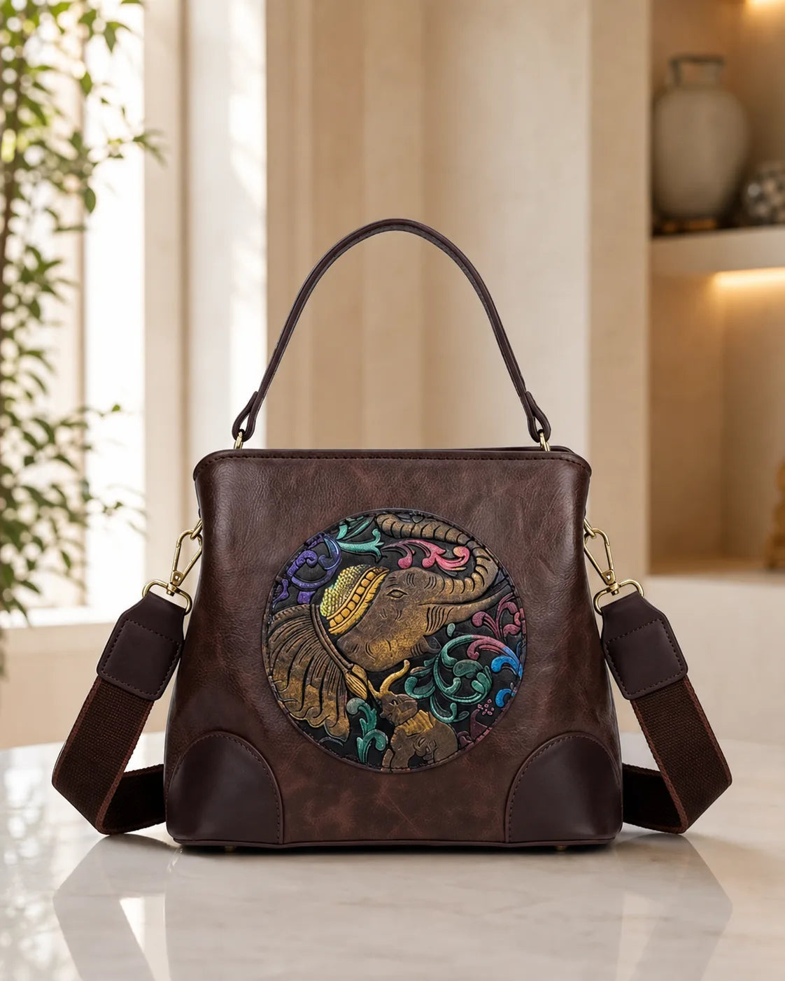 Embossed Ethnic Motif Satchel - Coffee Brown