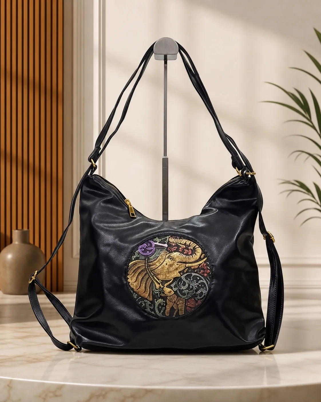 Ethnic Motif Soft Hobo Bag - Black