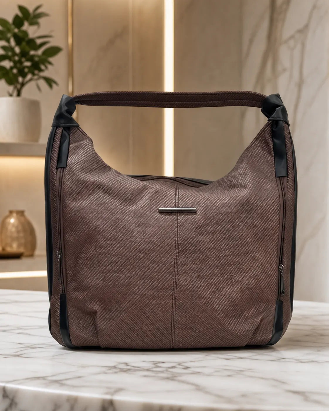 Stylish Woven Hobo Bag - Brown
