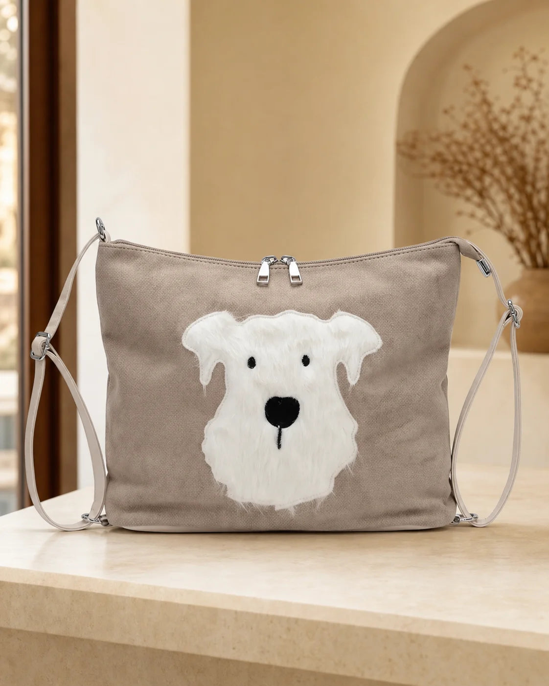 Dog Applique Hobo Bag - Quirky Fashion - Blush Pink