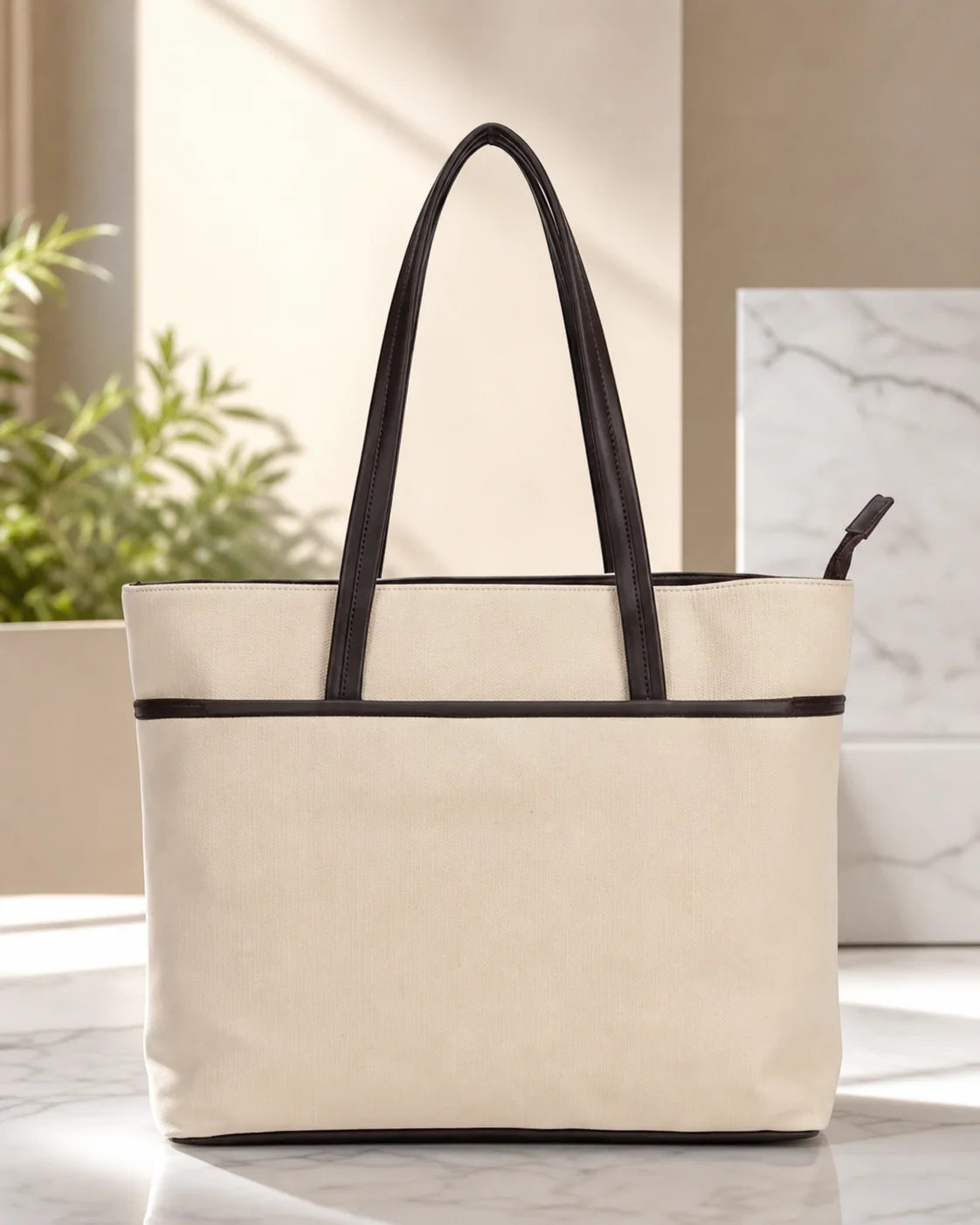 Classic Woven Jacquard Tote Bag - Beige & Black