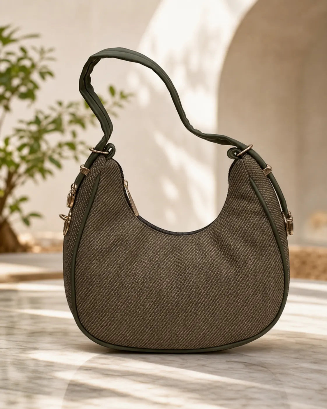 Woven Texture Crescent Bag - Brown & Green